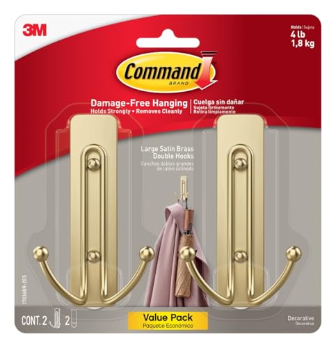 Command Large Satin Brass Double Hooks - 2 Hooks, 2 Strips