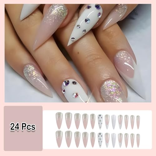 ANDGING White Ombre Stiletto Press on Nails with Rhinestone Designs