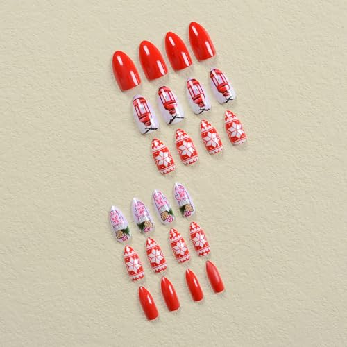 SWEKKE Christmas Short Almond Press on Nails Glossy Winter False Nails
