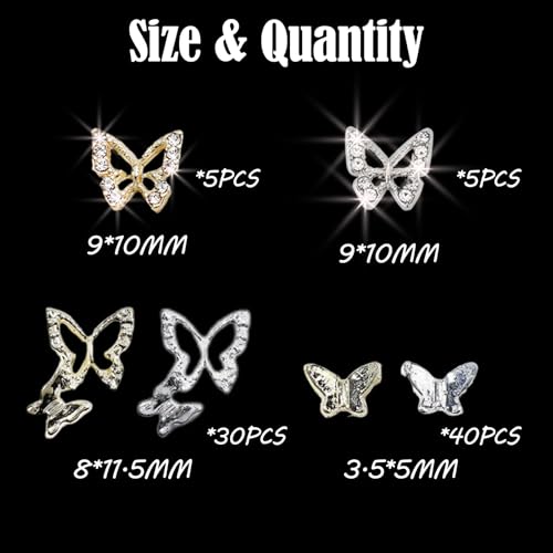 ALGLEA 80PCS 3D Butterfly Nail Charms Alloy Rhinestones Art Decor