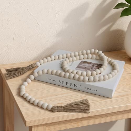 58-Inch Rustic Wood Bead Garland with Tassels for Home Decor