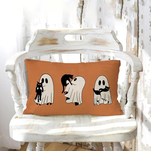 Halloween Pillow Cover 12x20 - Cute Ghosts & Black Cat, Orange