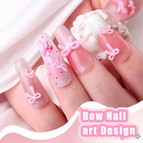 Pink Bow Nail Charms Kit - 3D Resin Kawaii Bowknot Gems with Tweezers and Brush