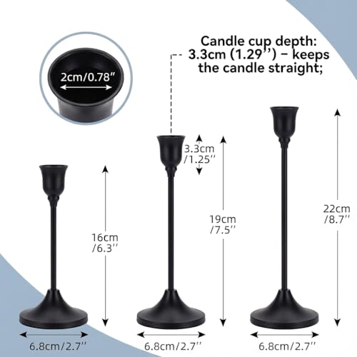 Qynoro Black Taper Candle Holders - Set of 3 Metal Candlestick Stands