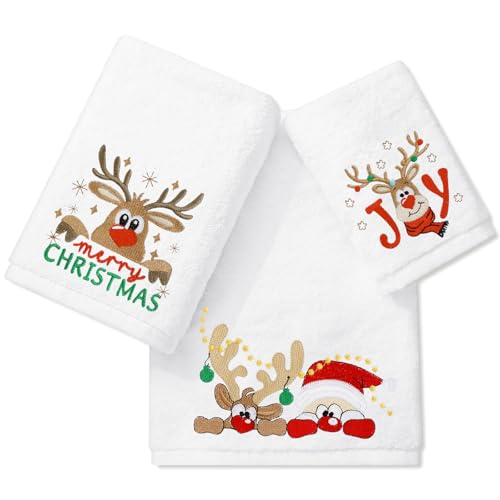 Christmas Embroidered Cotton Bathroom Towels Set of 3 - Santa Reindeer Holiday Decor