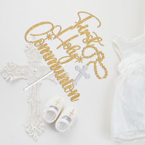 Gold Glitter First Holy Communion Cake Topper - Rosary Cross Design