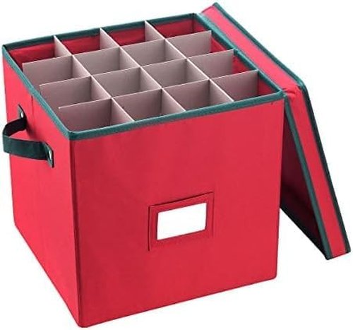 Elf Stor Christmas Decor Storage Box - Red Oxford Canvas Ornament Cube With 64 Compartment Dividers | Pack of 6