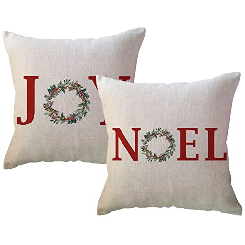 Christmas Decorative Throw Pillow Covers 18x18 Inches Set of 2 - Red Joy Noel Holiday Farmhouse Winter Decor