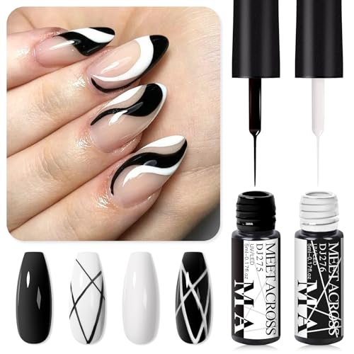 MEET ACROSS Black and White Nail Art Liner Gel Polish Set with Built-In Brush