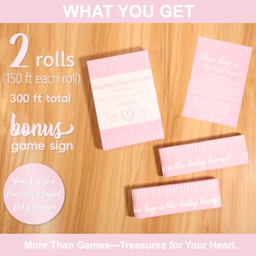 Pink Tummy Measure Baby Shower Game for Girl, Belly Measuring Tape, 2 Rolls