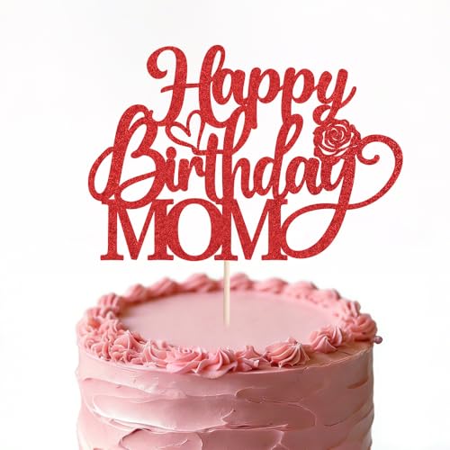 Red Glitter Happy Birthday Mom Cake Topper - Mother's Day Decor