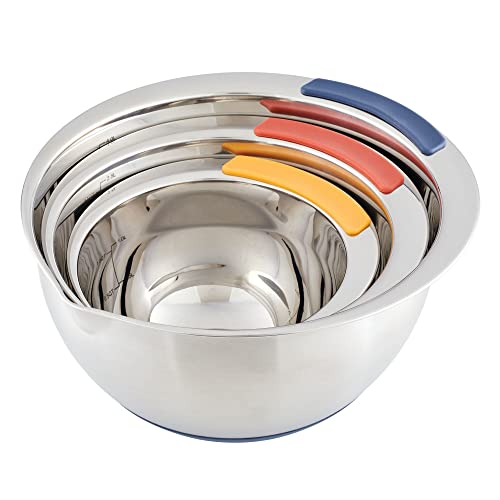 Ayesha Curry Kitchenware Pantryware Stainless Steel Nesting Mixing Bowls, 3-Piece Set, Silver with Color Accent Handles