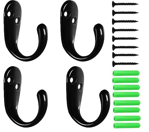 Kruodop 4 Pack Heavy Duty Wall Hooks, Metal Coat and Towel Hanger, Black