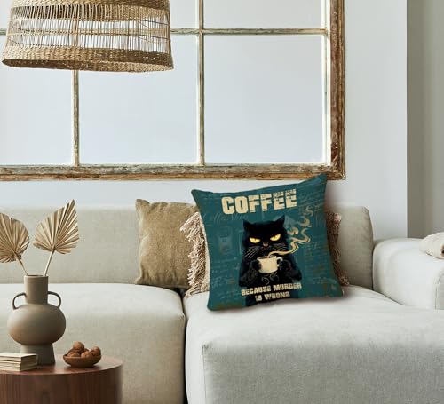 Funny Black Cat Coffee Pillow Cover, 18x18 Soft Corduroy Case (Cat03)