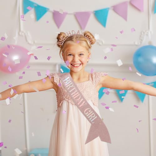Lorzot Rose Gold Birthday Girl Sash and Rhinestone Tiara Crown Set