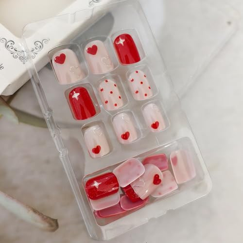 OSTTMA Red Heart Press on Nails Short Square Valentine Fake Nails
