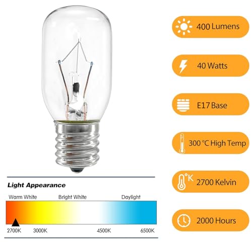 Dimmable E17 Microwave Light Bulb 40W 125V, 6-Pack Warm White
