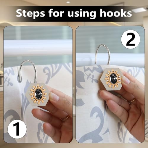 Luxury Diamond Shower Curtain Hooks - 12PCS Metal Rings (Black Silvery)