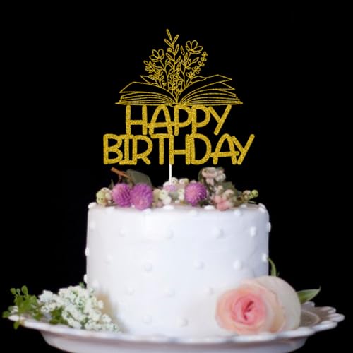 Gold Glitter Reading Happy Birthday Cake Topper for Book Lovers