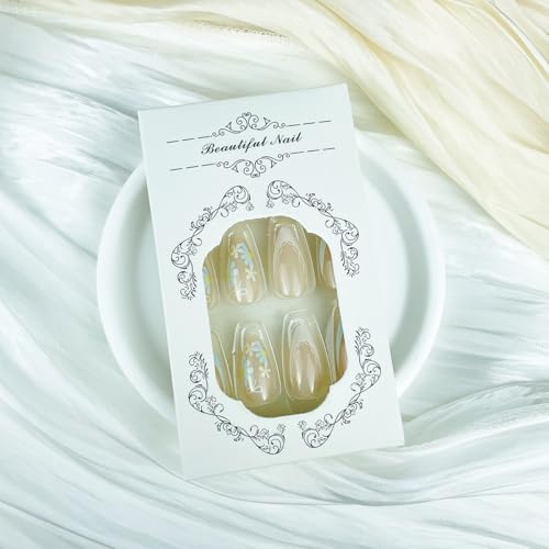 Green French Tip Press On Nails Medium Almond Floral Fake Nails