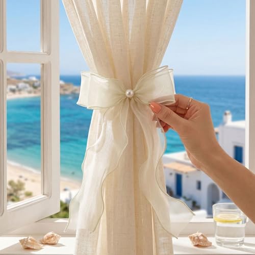 TAMHOO Creamy Ivory Lace Bow Curtain Tiebacks - 6 Pack, Pin-On Floral Ties