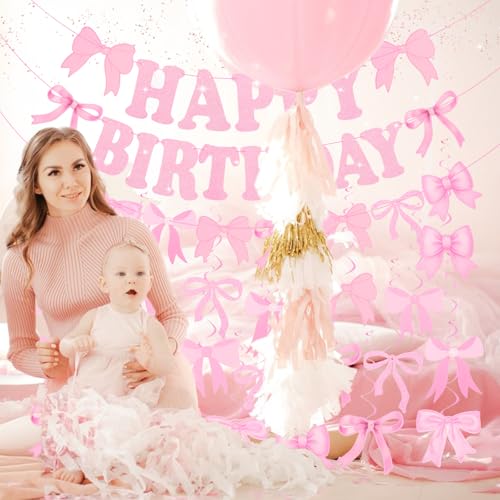 3PCS Pink Birthday Banner Set with 21 Bow Hanging Swirls