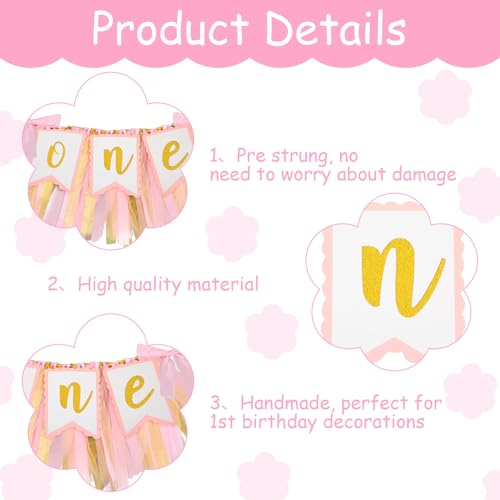Pink High Chair Banner for 1st Birthday Girl - Tulle & Ribbon Decor