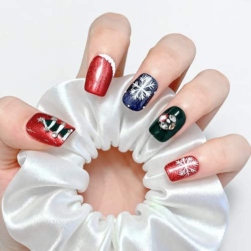 Christmas Press on Nails Short Square Red False Nails with Snowflakes