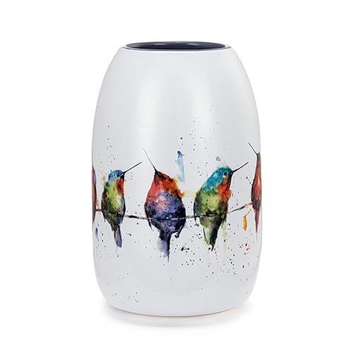 DEMDACO Dean Crouser Collection Watercolor Hummers On A Wire Colorful 7 x 4.5 Stoneware Decorative Bud Floral Flower Vase Container Vessel