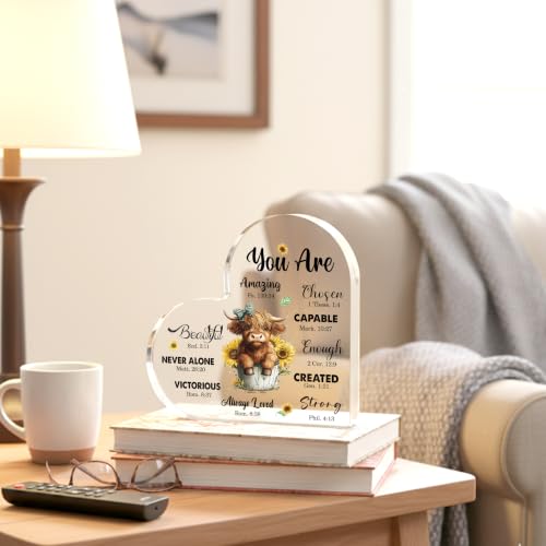 Christian Highland Cow Inspirational Desk Sign - Religious Motivational Acrylic Plaque for Home & Office