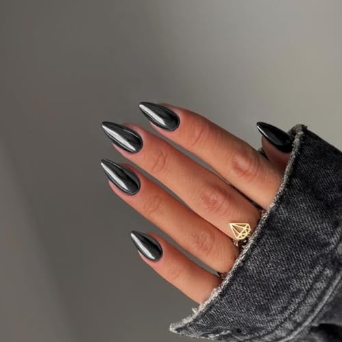 SXVME Black Chrome Medium Almond Press On Nails Metallic Glue On
