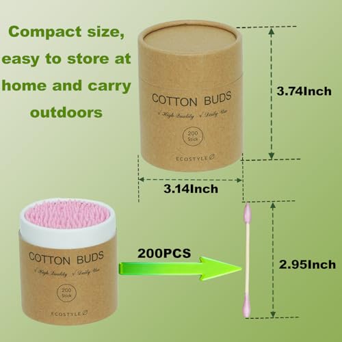 Pink Bamboo Cotton Swabs 200 Count - Dual-Tip Wooden Buds in Paper Tube