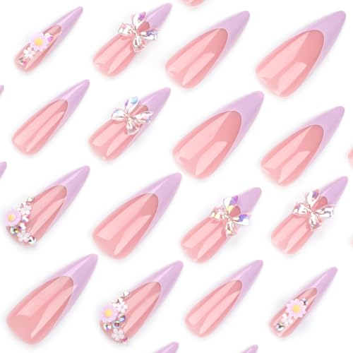 Long Stiletto Press on Nails 3D Bow Flower French Tip Fake Nails