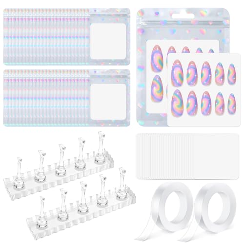 50PCS Holographic Nail Packaging Bags with Nail Stands & Tape