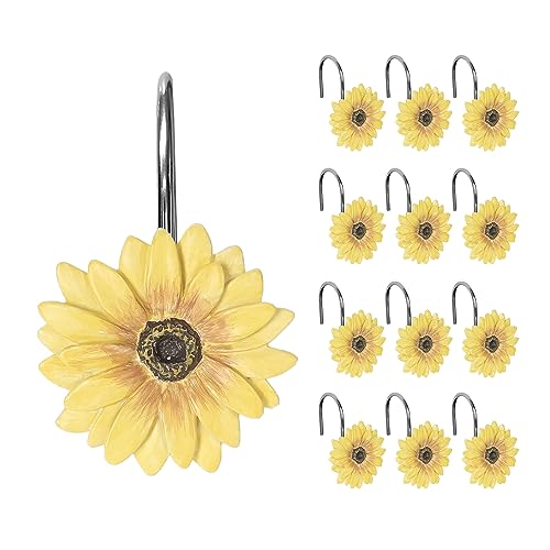 Sunlit Yellow Sunflower Shower Curtain Hooks - Summer Floral Resin Bathroom Decor, Set of 12