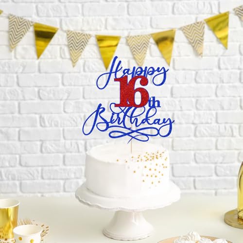 16th Birthday Cake Topper - Deep Blue & Red Glitter Design