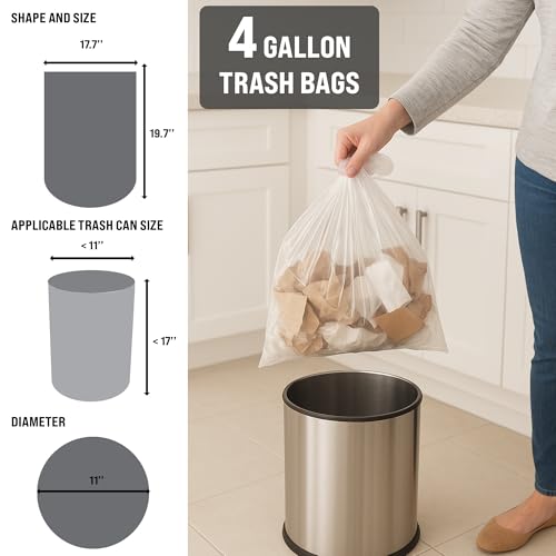 4 Gallon Clear Trash Bags - 200 Count Lightweight Wastebasket Liners