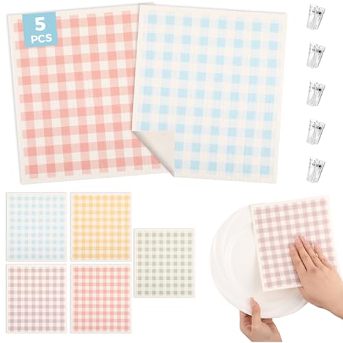 wlich Swedish Dishcloths 5-Pack - Reusable Plant-Based Kitchen Towels with Clips