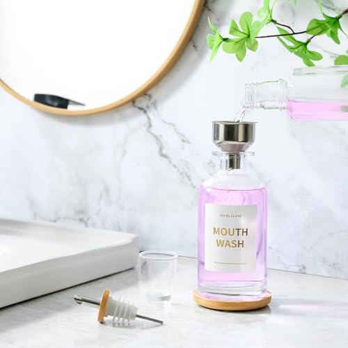 MUVEKA Clear Glass Mouthwash Dispenser Set with Bamboo Holder - 11.8oz