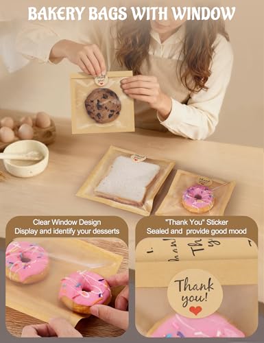FireKylin 100pcs Kraft Cookie Bags with Window, 5.7"x6.5" Bakery Packs