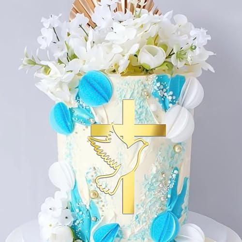 Gold Mirror Acrylic Cross Dove Cake Topper - 5" for Baptism & Communion