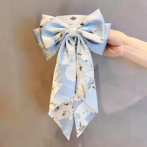 JazSwirl Blue Floral Hair Bow Clip Large Long Ribbon Hair Accessory