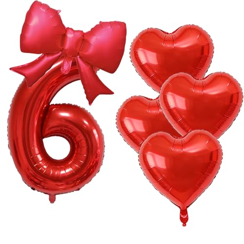 Red Number Balloons Set - 32 Inch Mylar Foil with Bow & Heart