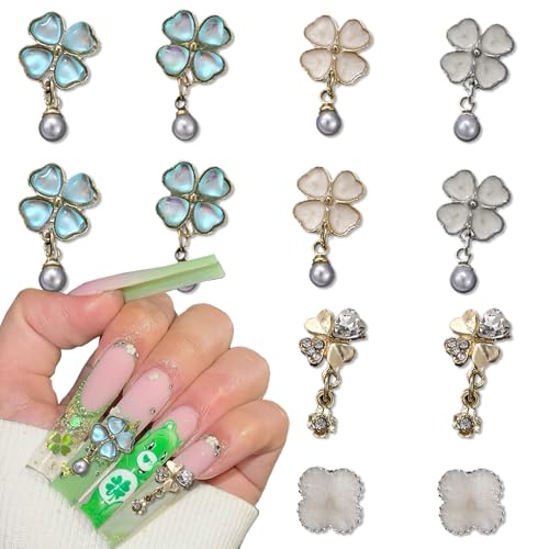 12Pcs Four Leaf Clover Nail Charms 3D Shamrock Gems with Pearls