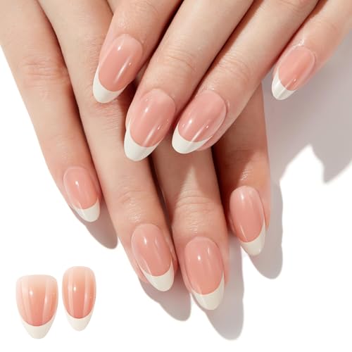 ako Almond Press On Nails - Pearl White French Tips Glossy Acrylic Fake Nails Kit