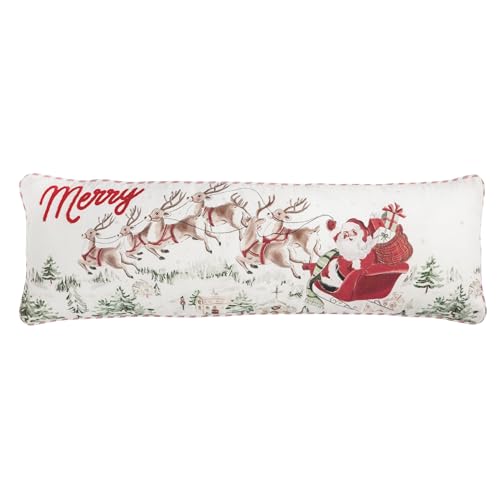 Christmas Santa Scene Long Pillow - Holiday Decor, 11 x 35 Inch, White