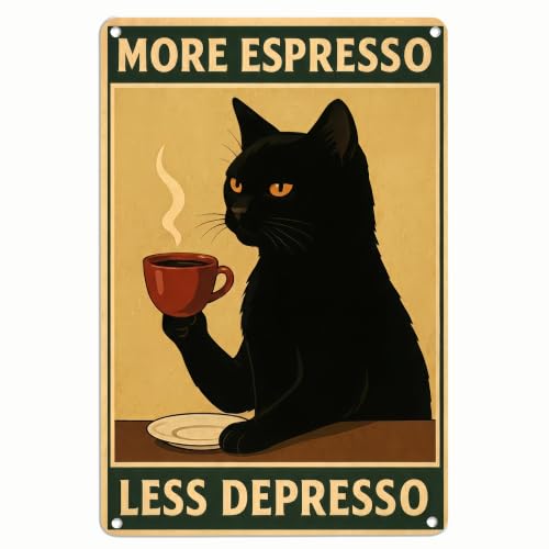 Black Coffee Cat Metal Sign - 8x12 Inch More Espresso Less Depresso Decor