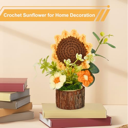 Andvon Crochet Sunflower Bouquet with Wood Base, Mini Desk Decor Gift