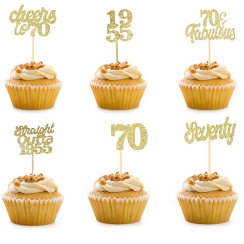 70th Birthday Cupcake Toppers - 12 Gold Glitter Decorations