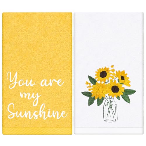 Embroidered Sunflower Hand Towels Set - 2 Cotton Towels for Home